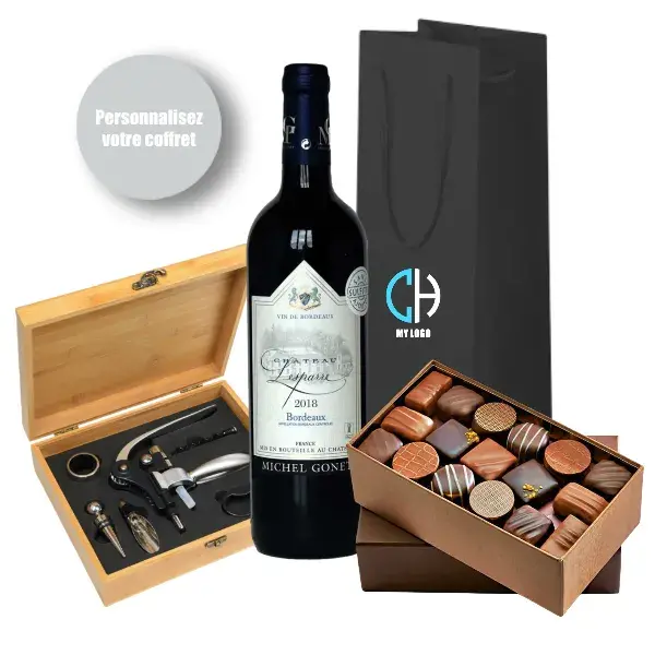 Cadeau entreprise coffret vin Château Lesparre set à vin chocolats