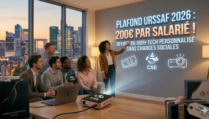 Infographie projetée par un mini vidéoprojecteur CSE montrant le plafond URSSAF 2026 à 200€ par salarié pour des cadeaux high-tech personnalisés à Poissy.