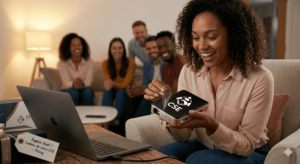 Salariée CSE Poissy heureuse déballant son mini vidéoprojecteur personnalisé cadeau Noël 2026