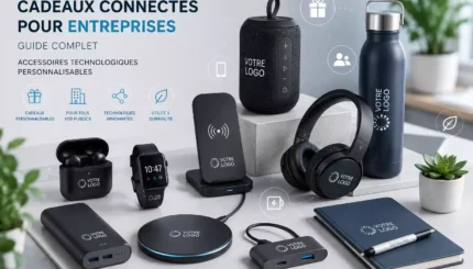 Sélection de cadeaux connectés pour entreprises avec enceinte Bluetooth, écouteurs sans fil, montre connectée, casque audio, batterie externe et chargeur sans fil personnalisables.