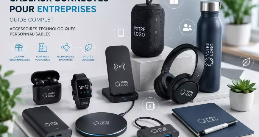Sélection de cadeaux connectés pour entreprises avec enceinte Bluetooth, écouteurs sans fil, montre connectée, casque audio, batterie externe et chargeur sans fil personnalisables.