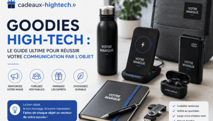 Illustration présentant une sélection de goodies high-tech personnalisables (batterie externe, chargeur sans fil, écouteurs Bluetooth, clé USB, carnet et sac à dos) pour un guide sur la communication par l'objet et les cadeaux d'entreprise.
