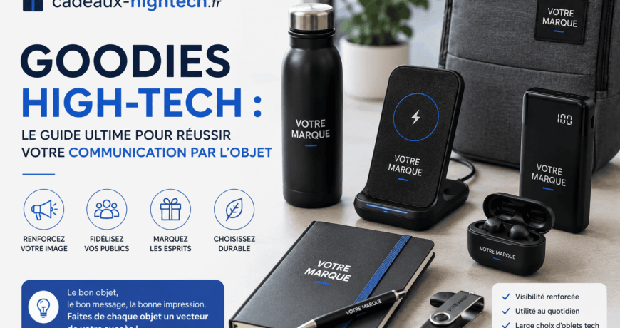 Illustration présentant une sélection de goodies high-tech personnalisables (batterie externe, chargeur sans fil, écouteurs Bluetooth, clé USB, carnet et sac à dos) pour un guide sur la communication par l'objet et les cadeaux d'entreprise.