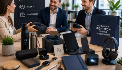 Cadeaux B2B high-tech pour collaborateurs, clients et partenaires avec écouteurs sans fil, enceinte Bluetooth, casque audio, objets connectés et accessoires technologiques.
