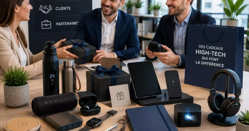 Cadeaux B2B high-tech pour collaborateurs, clients et partenaires avec écouteurs sans fil, enceinte Bluetooth, casque audio, objets connectés et accessoires technologiques.