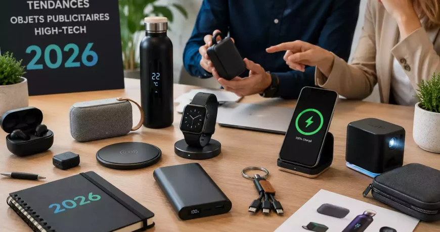 Sélection d'objets publicitaires high-tech tendance en 2026 comprenant une enceinte Bluetooth, un mini vidéoprojecteur, une batterie externe, un chargeur sans fil, des écouteurs Bluetooth, une montre connectée et des accessoires technologiques personnalisables.